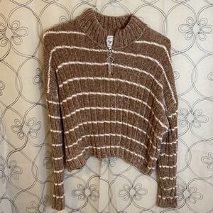 Hippie Rose Women Sweater Brown White Striped 1/4 Zip Ribbbed Cropped Medium